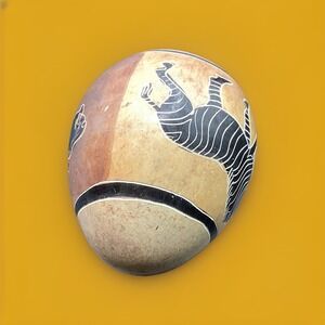 Vintage Hand Carved Soapstone Lion & Zebra Egg Shape - Hand Painted Etched
